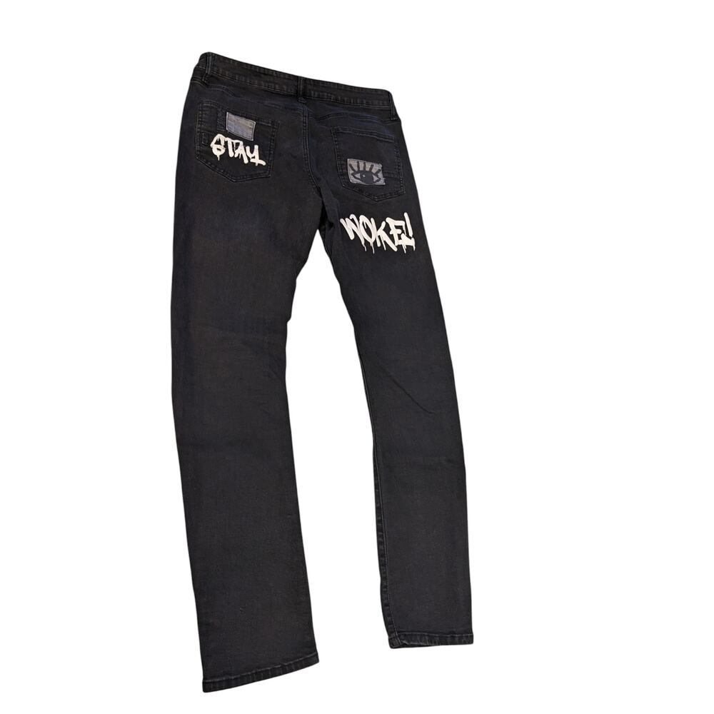 Rutherford Skinny Fit Jeans Mens 34 Distressed Graffiti Patches Streetwear Bold - Picture 6 of 12
